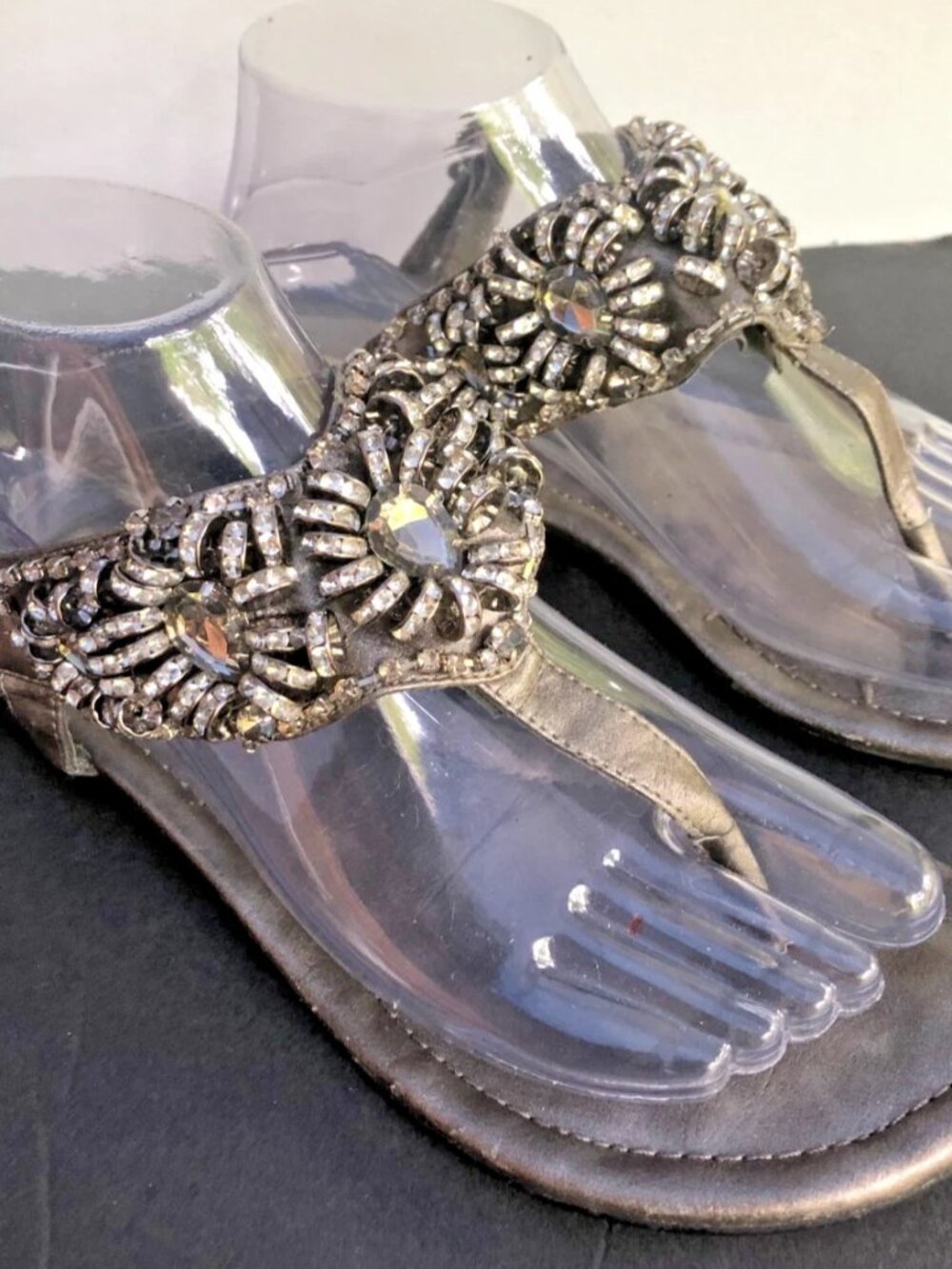 Two Lips Pewter Embellished Thong Sandals Crystal Adjustable Ankle Strap Sz 7